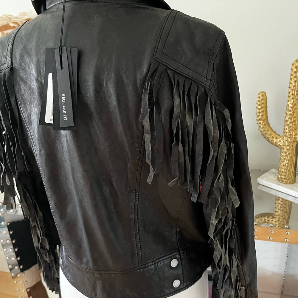 Mauritius (purchased online from Free People) Black Leather Zoey Fringe Jacket - Picture 7 of 14